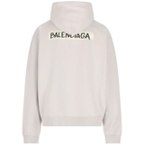 grey hoodie, back view