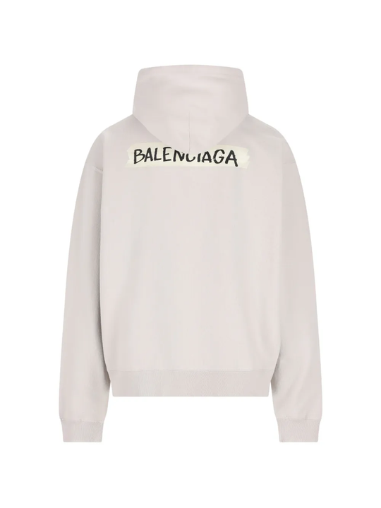 grey hoodie, back view