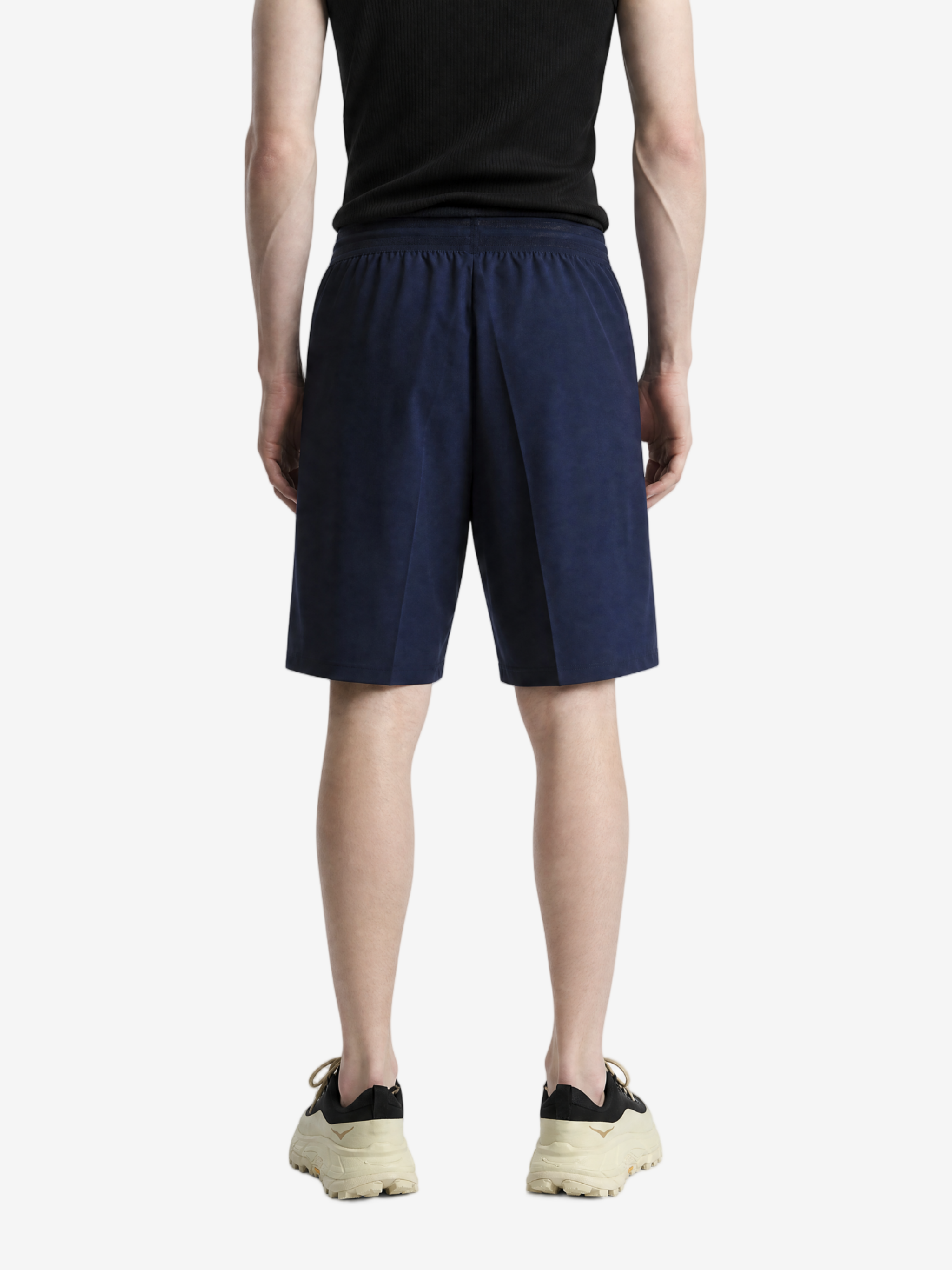 Navy shorts, full body view
