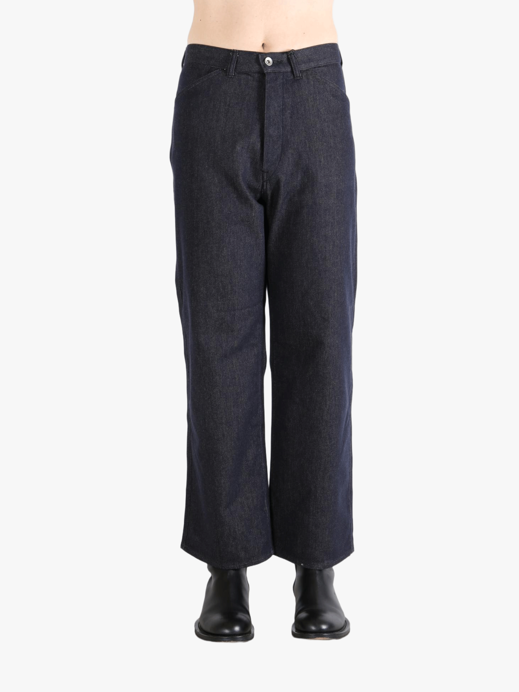 Blue pants worn by a person, showing the pants fit