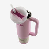 Close up of the pink tumbler, showing texture of the recycled 18/8 stainless steel fabric