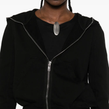 Close up of the black hoodie, showing texture of the cotton fabric