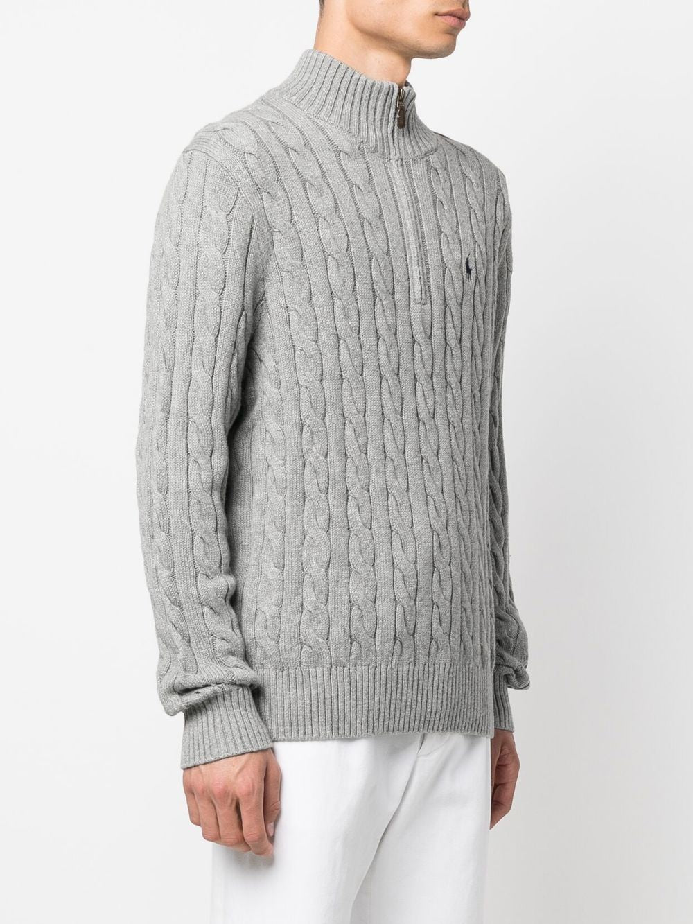 Grey sweater, worn by a person, showing the sweater's fit