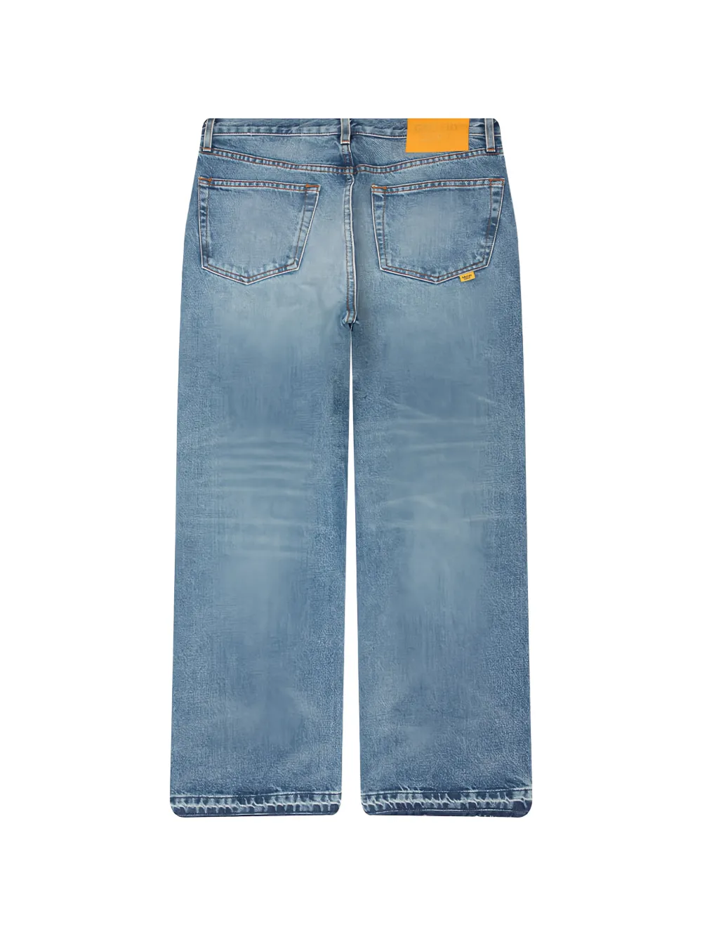 Blue jeans, back view showing wide-leg