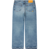 Blue jeans, back view showing wide-leg