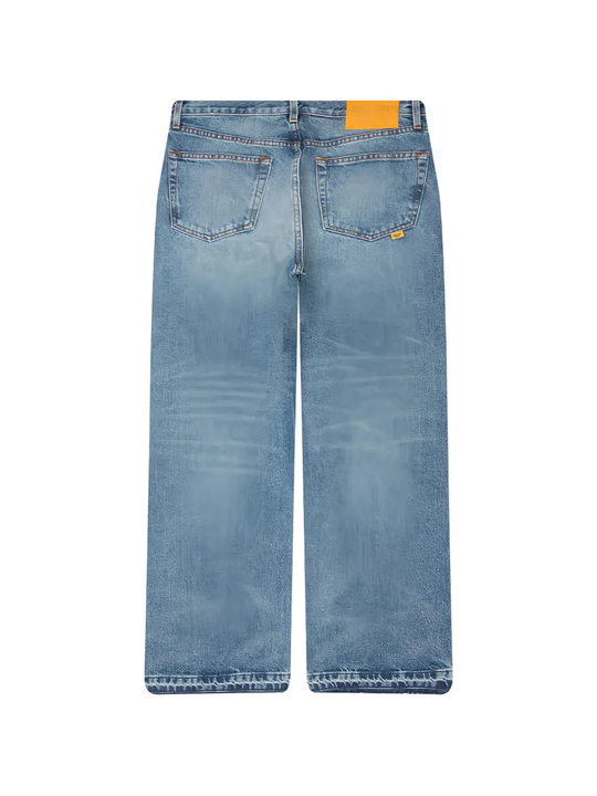 Blue jeans, back view showing wide-leg