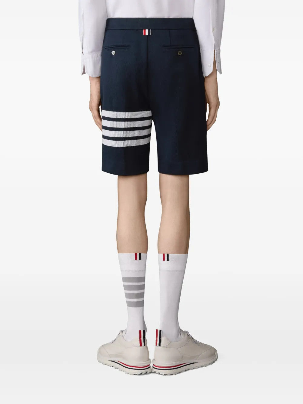 Navy shorts, full body view