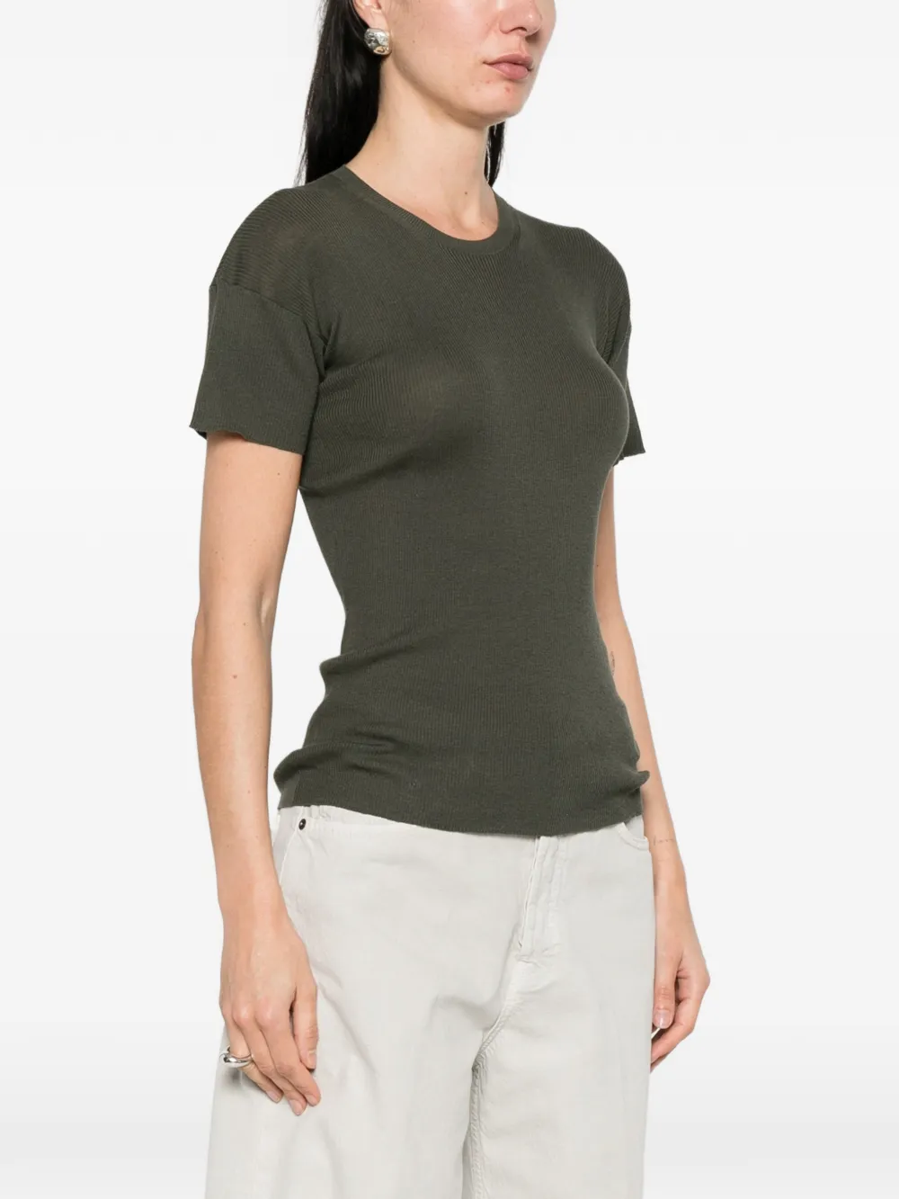 Grey t-shirt worn by a person, showing the t-shirt's fit