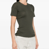 Grey t-shirt worn by a person, showing the t-shirt's fit