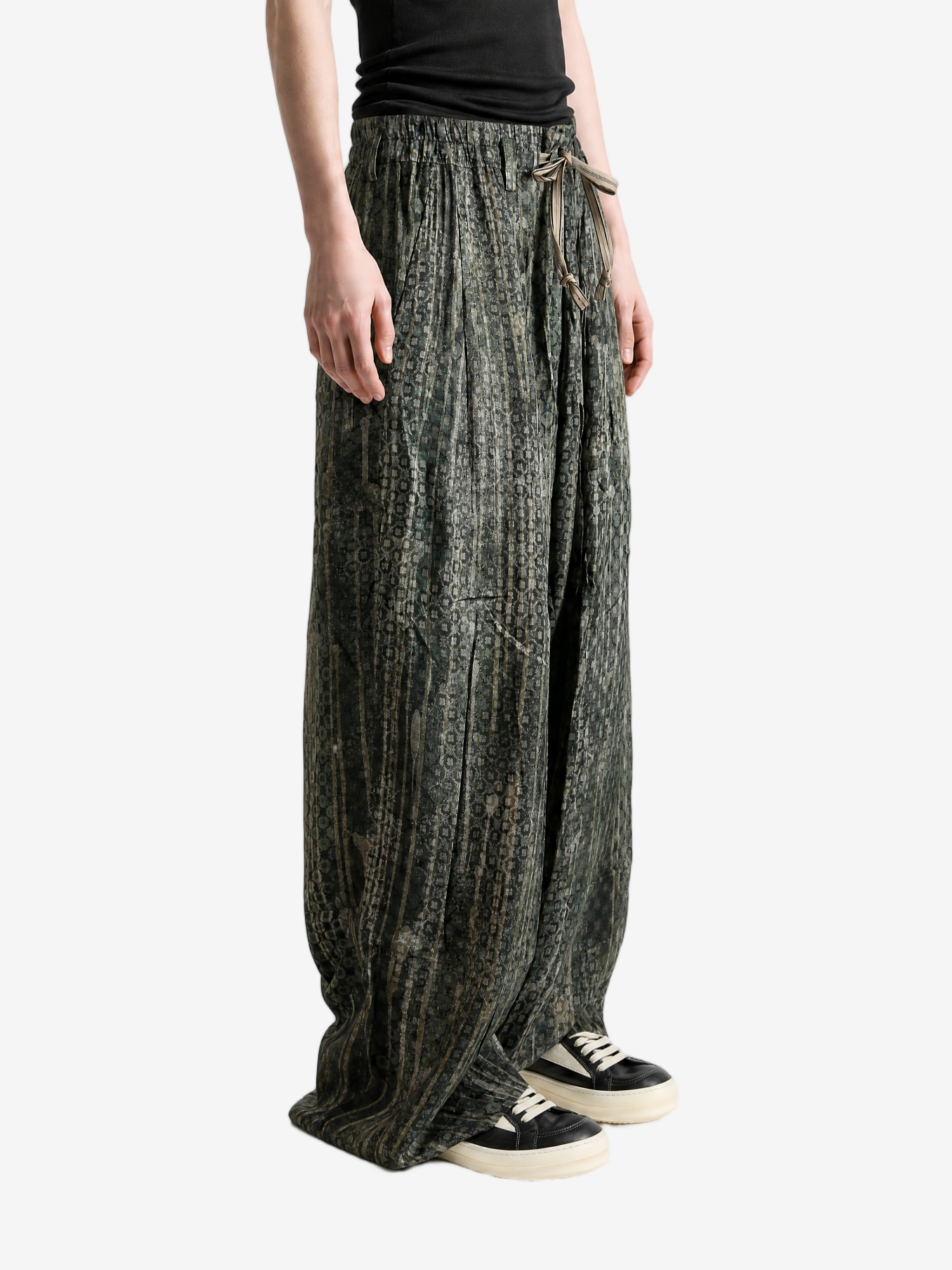 Green pants, full body view