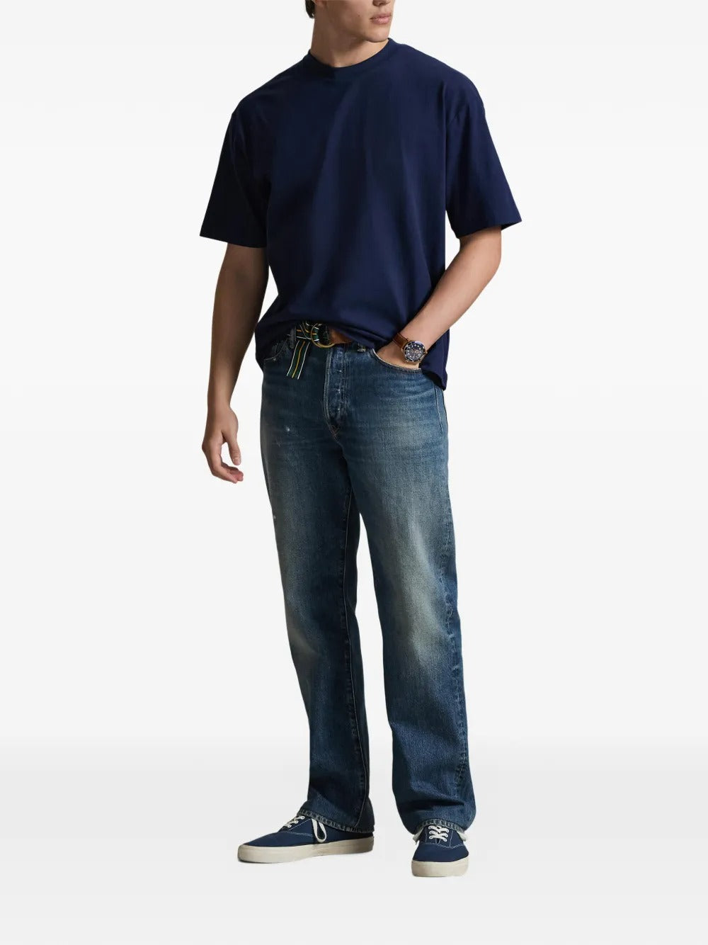 Navy T-shirt, full body view