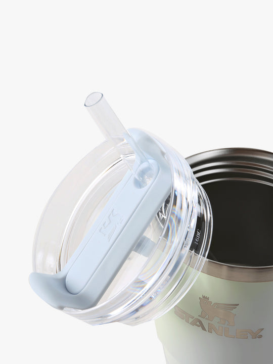 Close up of blue tumbler, showing texture of the stainless steel fabric