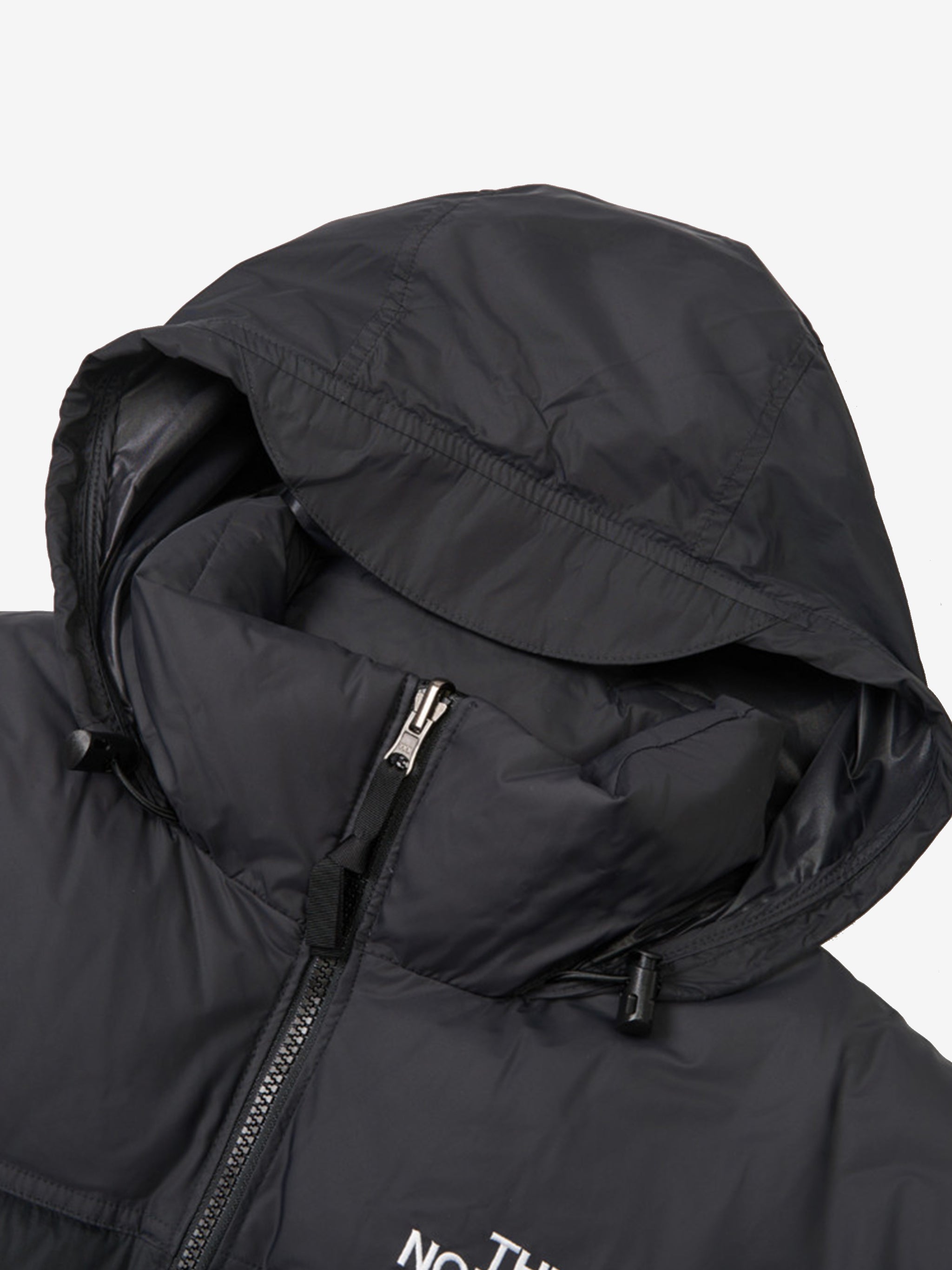 Close up of Black jacket, showing texture of the nylon fabric