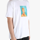 White t-shirt worn by a person, showing the t-shirt's fit