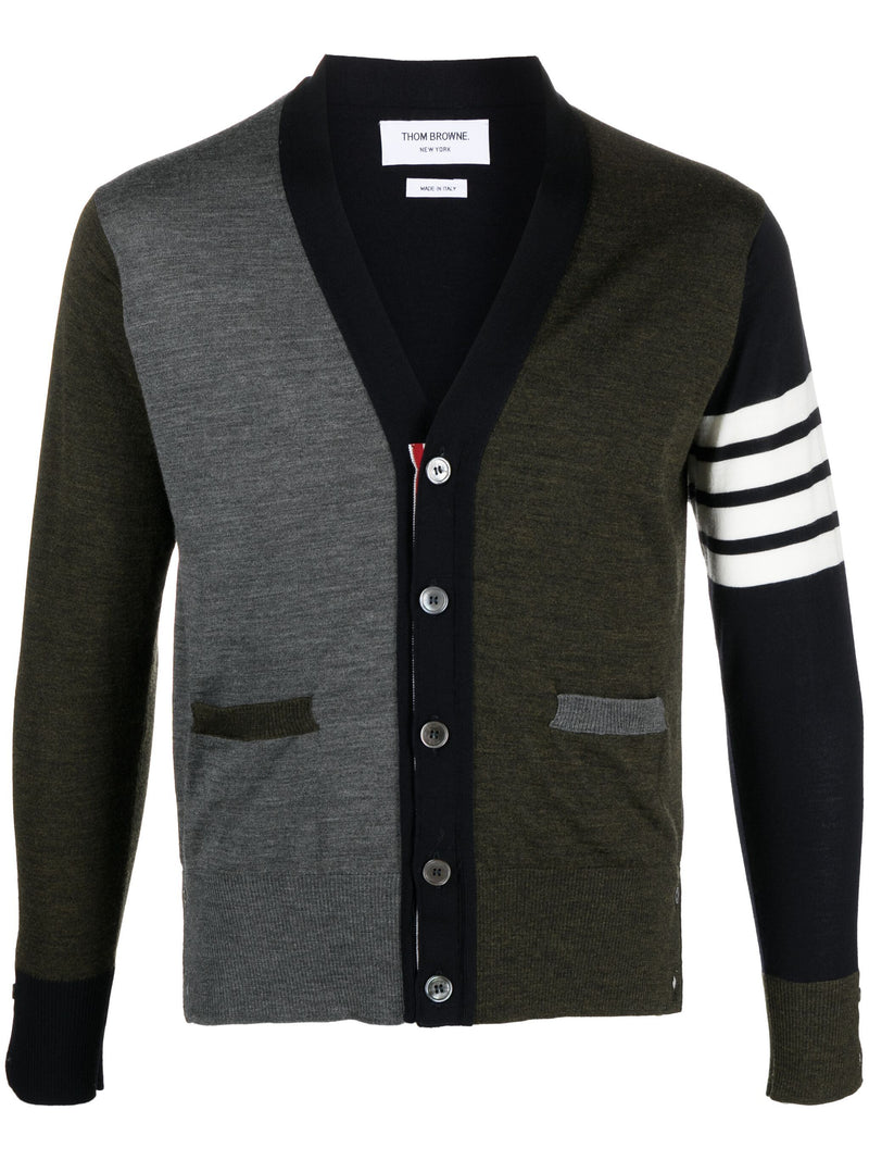 THOM BROWNE - Men Fun Mix Classic V Neck Cardigan In Fine Merino Wool W/4 Bar Stripes