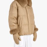 Tan jacket worn by a person, showing the jacket fit