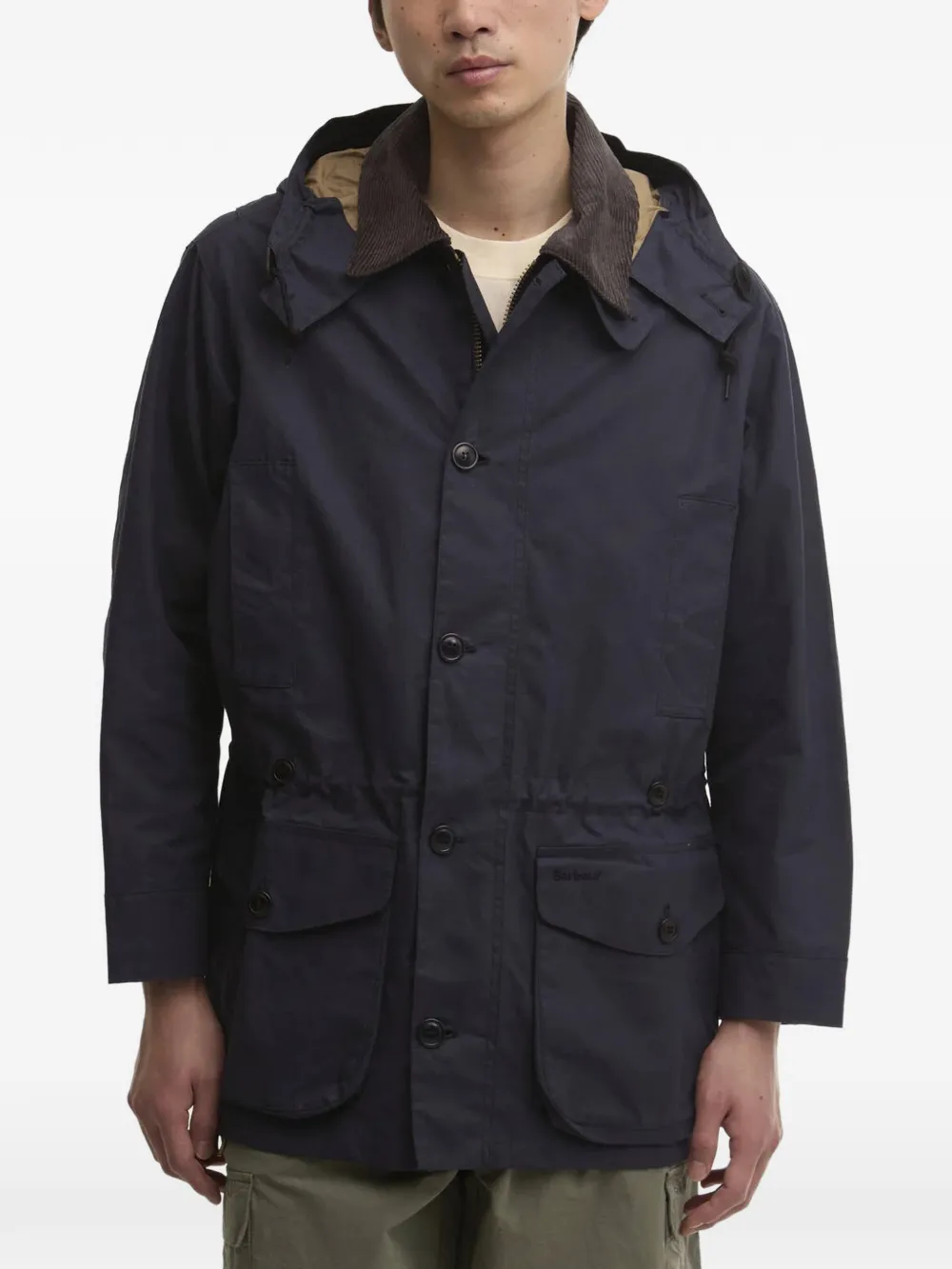 blue jackets and coats worn by a person, showing the jackets and coats fit