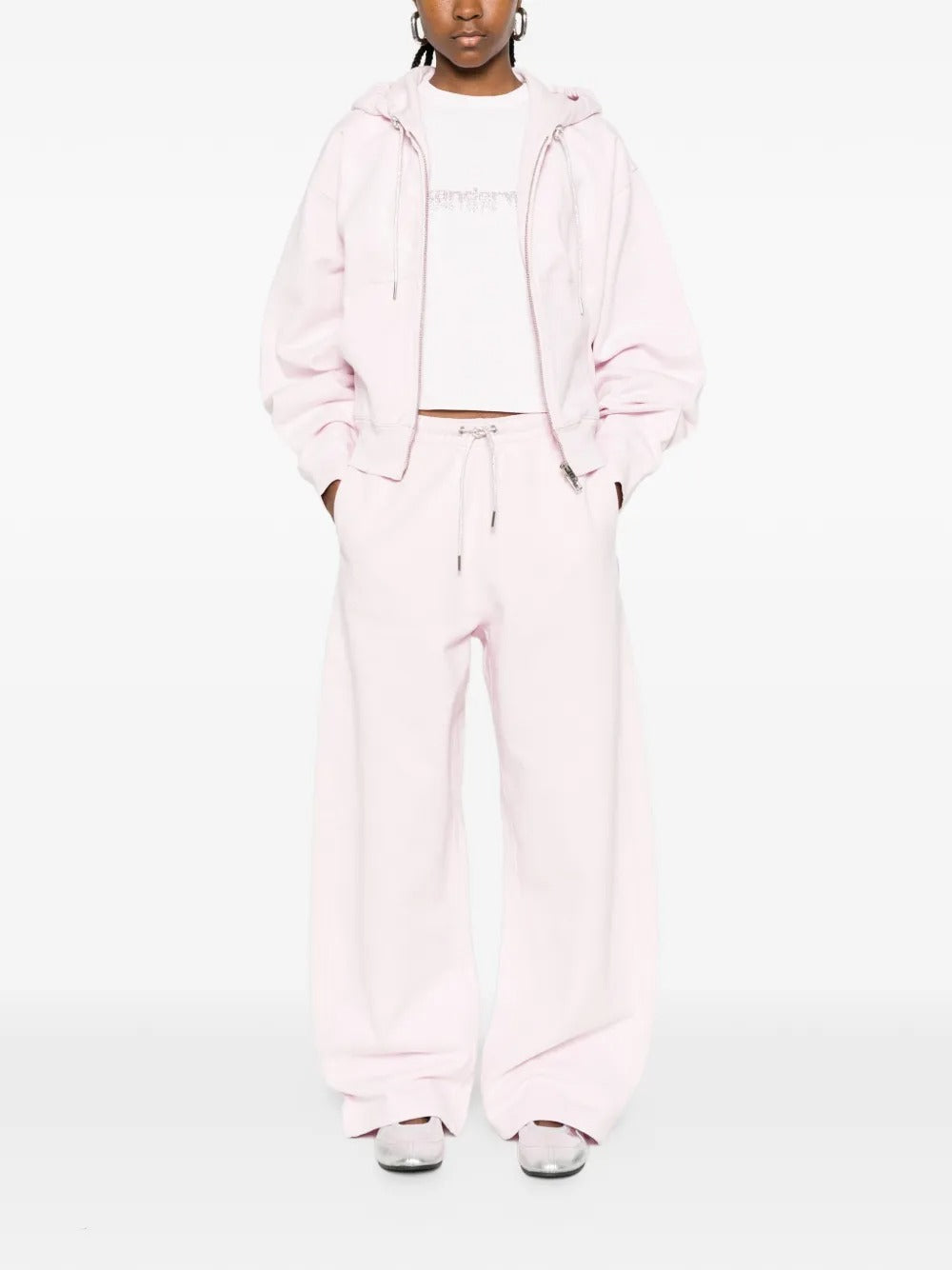 Pink hoodie, full body view