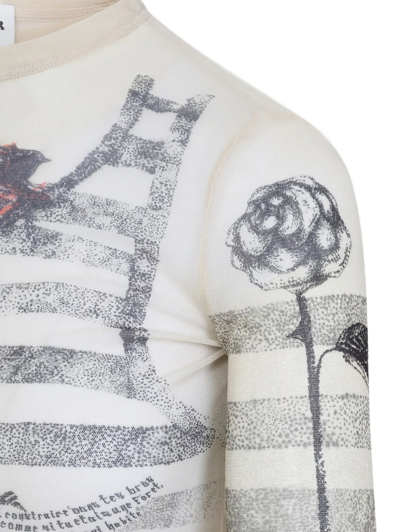 JEAN PAUL GAULTIER - Women Printed"Tattoo Marinière"Rinière" Mesh Long Sleeves Top