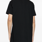 black t-shirts,worn by a person,showing the t-shirts fit