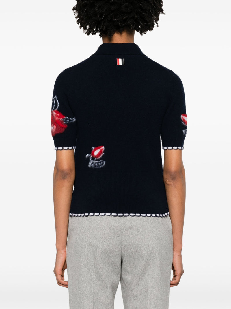 THOM BROWNE - Women Brushed Rose Jersey Intarsia Keyhole Polo In Merino Wool