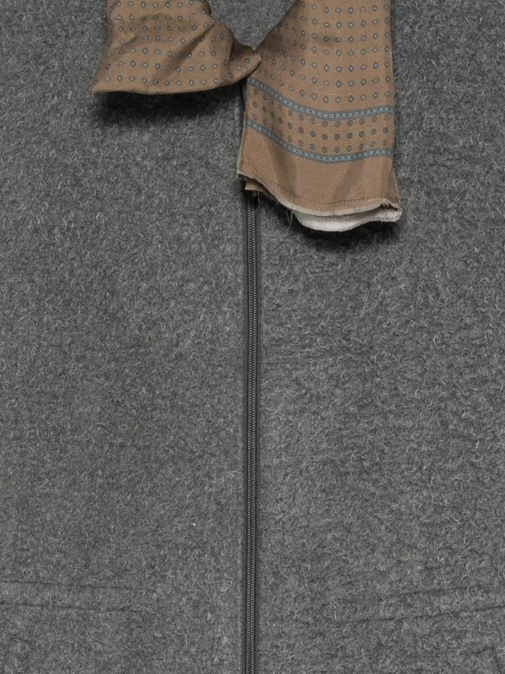 Close up of grey jackets, showing texture of the polyester fabric
