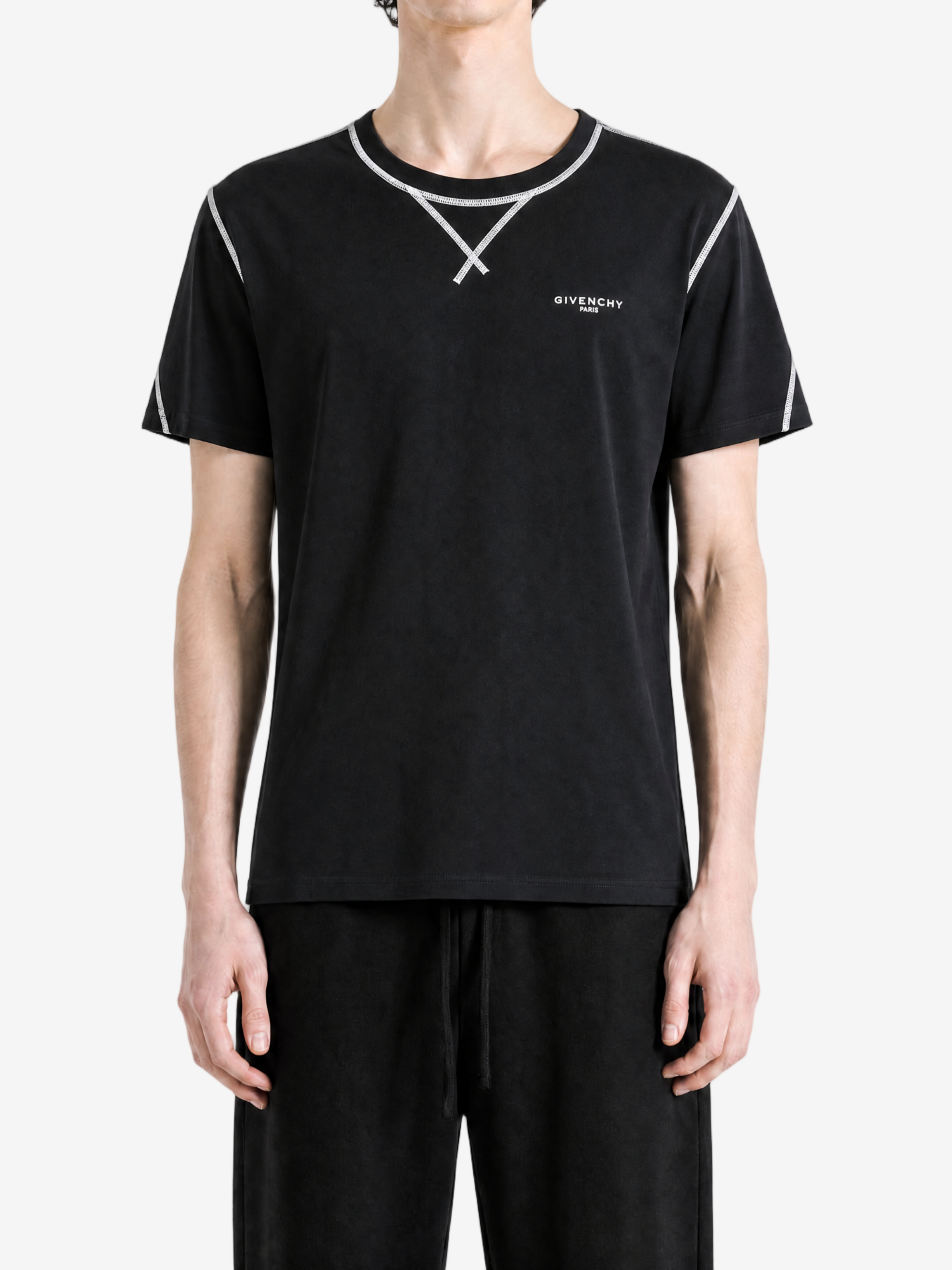 Black t-shirt, full body view