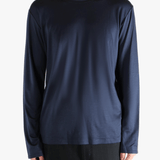 Navy T-shirts worn by a person, showing the T-shirt's fit