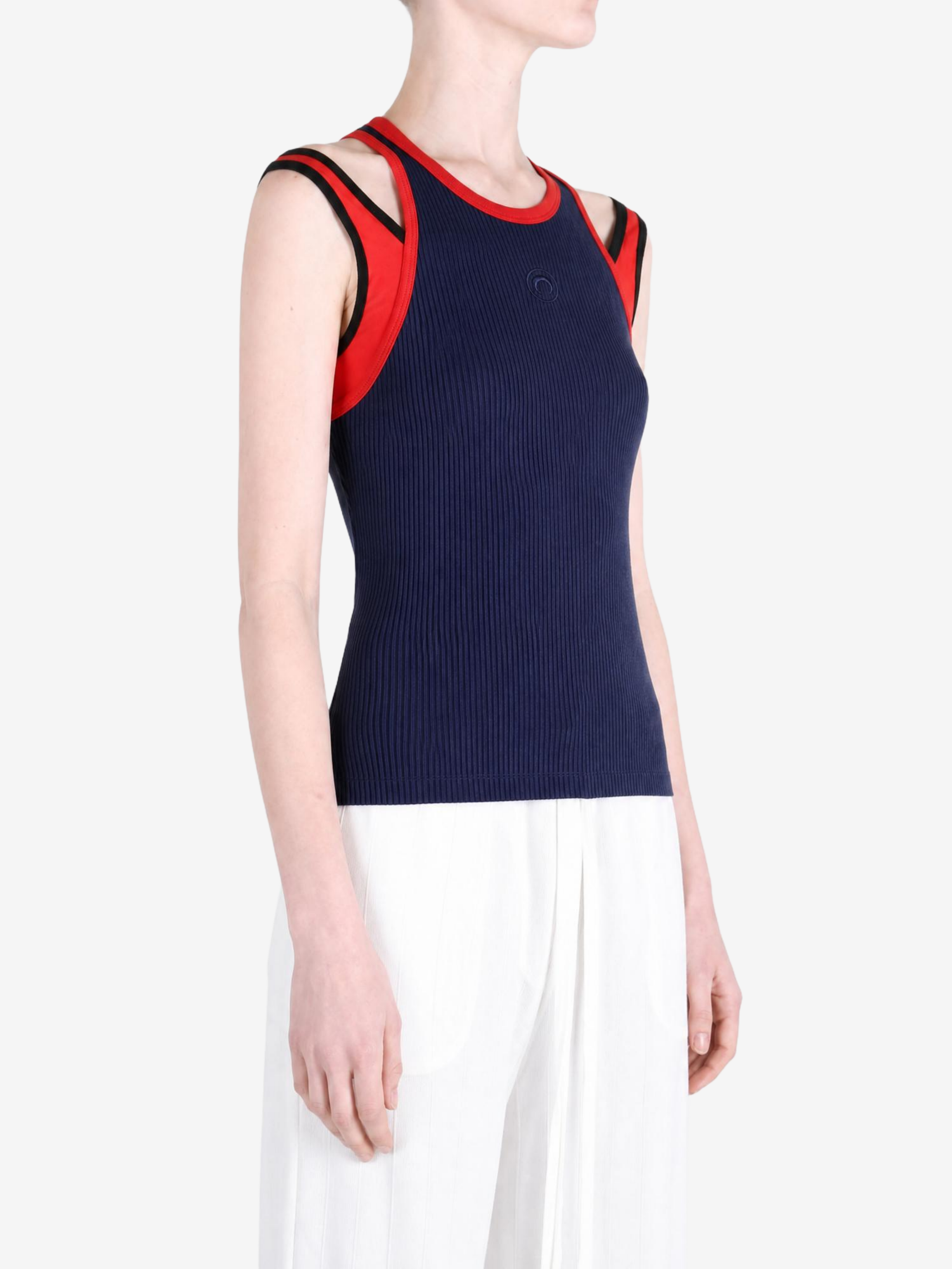 Navy top, front view