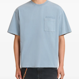 blue t-shirt worn by a person, showing the t-shirt fit