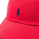 Close up of the red hat, showing texture of the cotton fabric