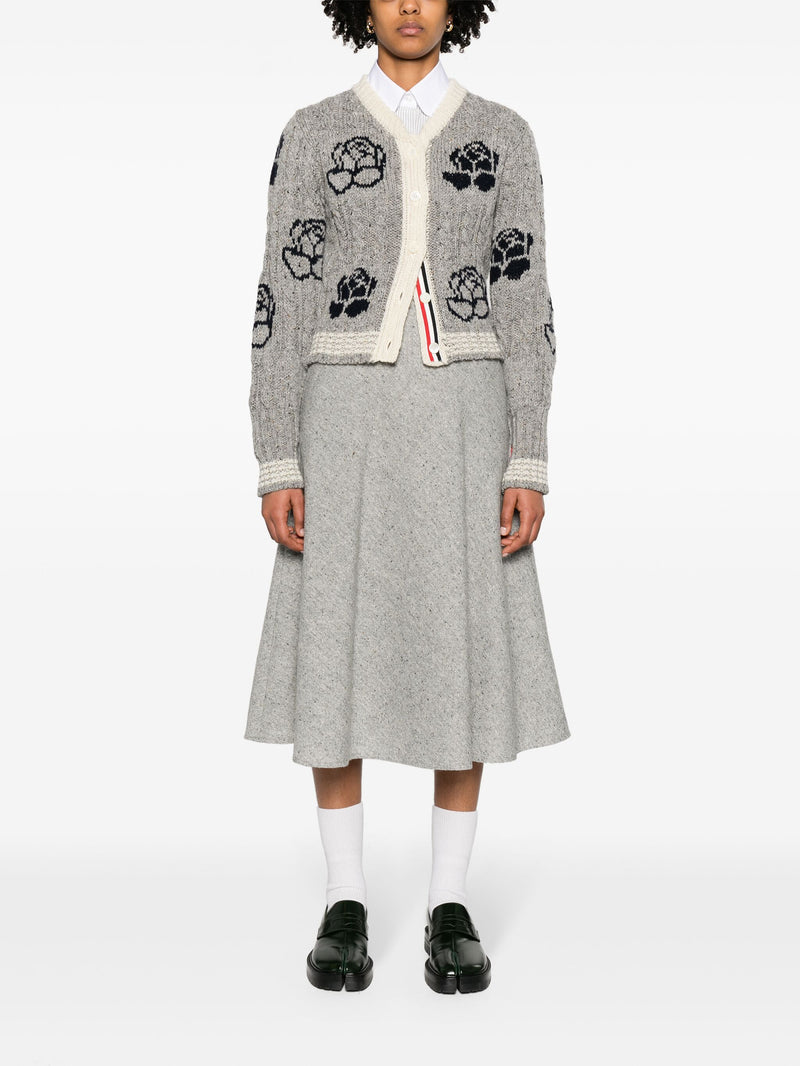 THOM BROWNE - Women Rose Intarsia And Cable Check Cropped Crew Neck Cardigan