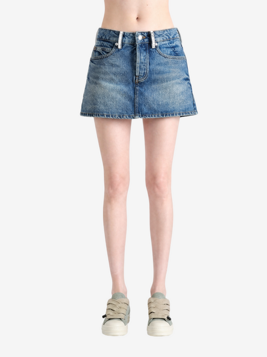 Blue skirt, full body view