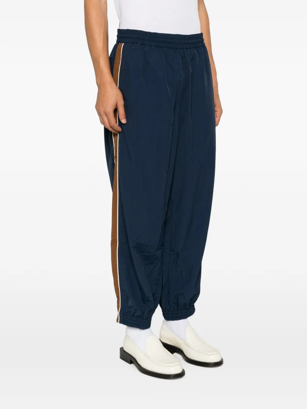 Navy pants, full body view