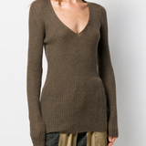 Brown sweater worn by a person, showing the tight fit