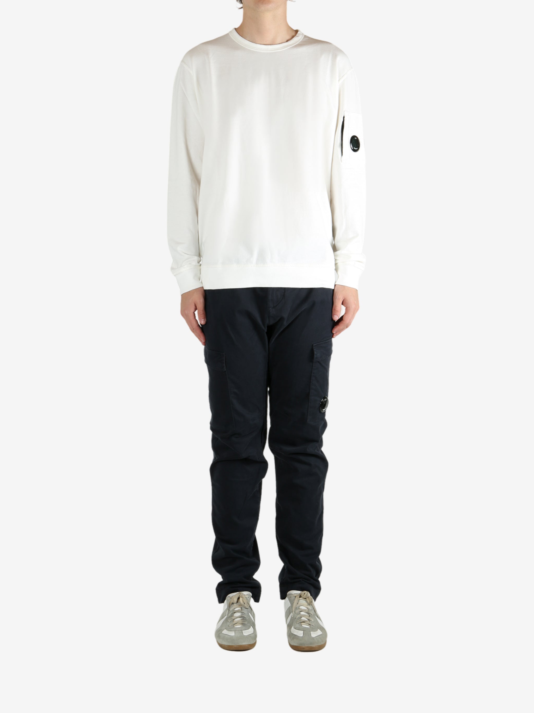 White crewneck, full body view