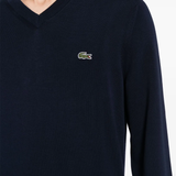 Close up of navy sweater, showing texture of the cotton fabric