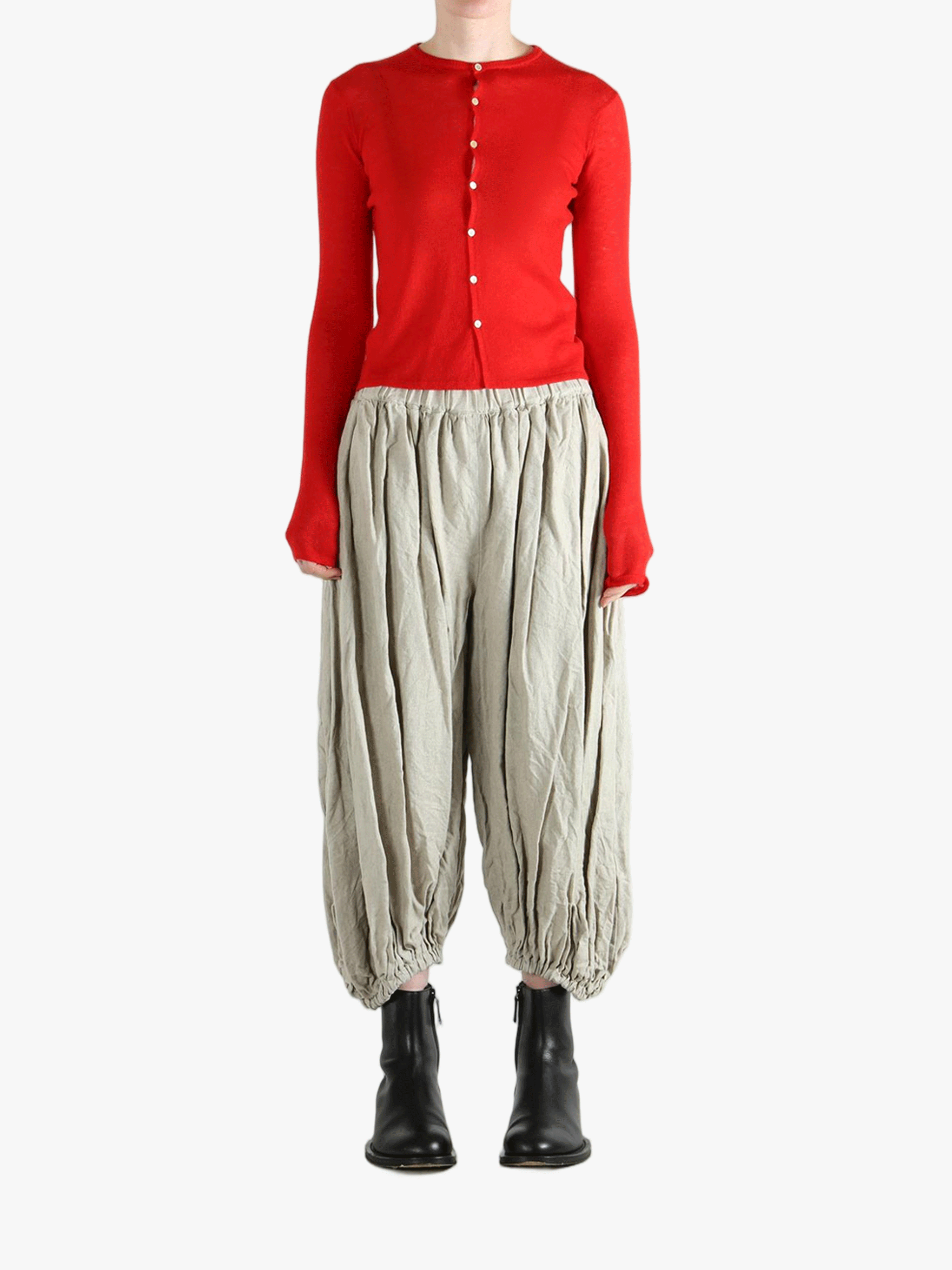 Red knitwear, full body view