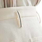 Close up of Tan pants, showing texture of the 72% cotton/ 15% wool/ 13% polyester fabric