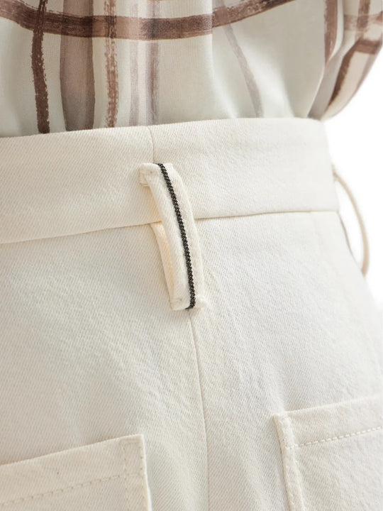 Close up of Tan pants, showing texture of the 72% cotton/ 15% wool/ 13% polyester fabric