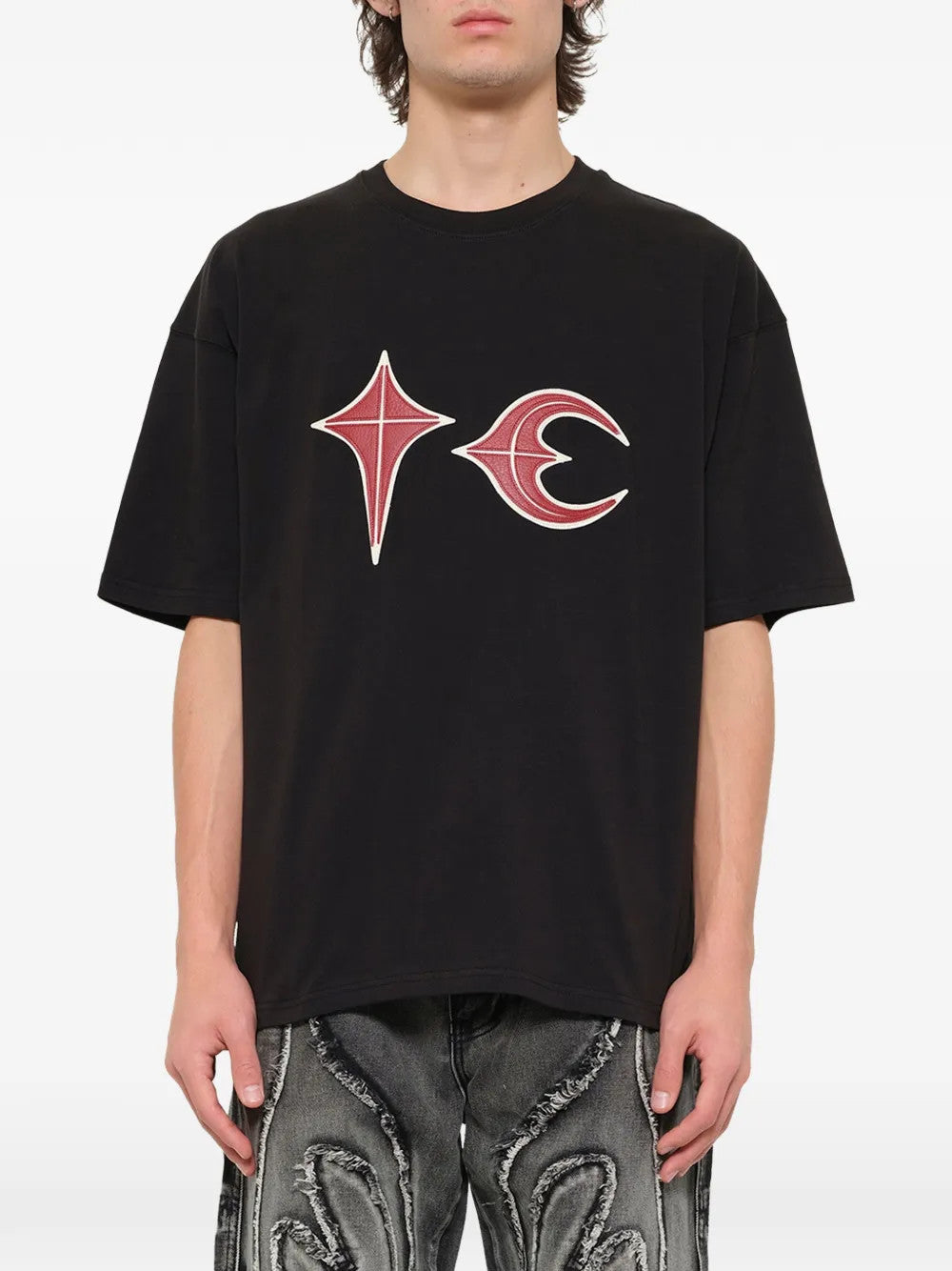 Black t-shirt, full body view