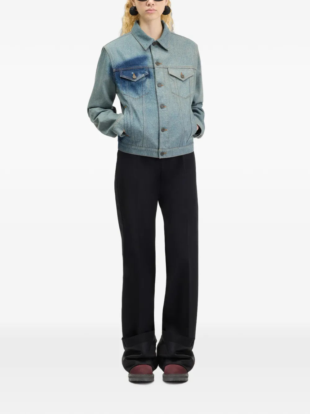 Blue jacket, full body view