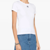 White t-shirt worn by a person, showing the t-shirt's fit