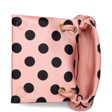 Close up of pink bag,showing texture of the polyester fabric.