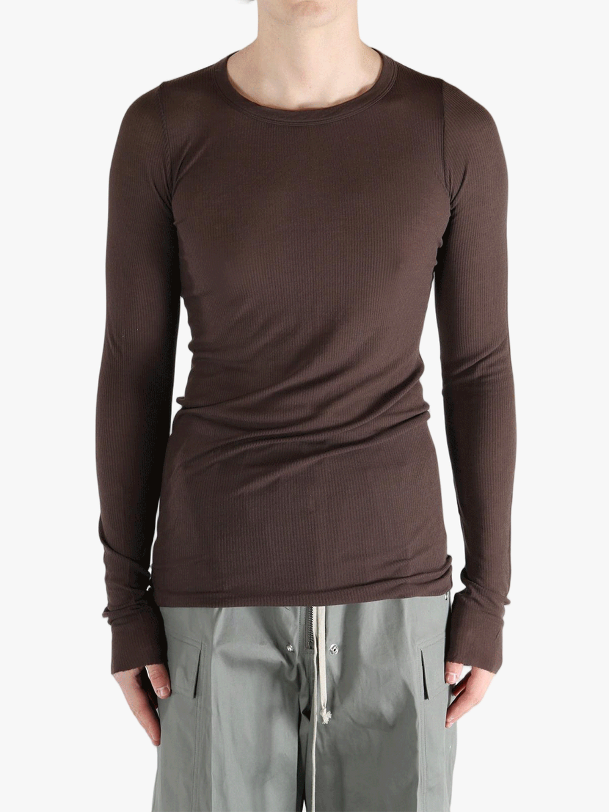 Brown t-shirt worn by a person, showing the shirt's fit