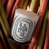 Close up of rhubarbe candles, showing texture of the fabric