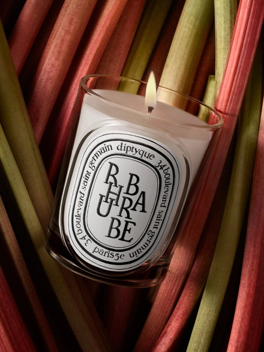 Close up of rhubarbe candles, showing texture of the fabric