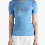 navy t-shirts worn by a person, showing the t-shirts fit