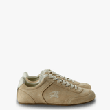 Tan sneakers, front view