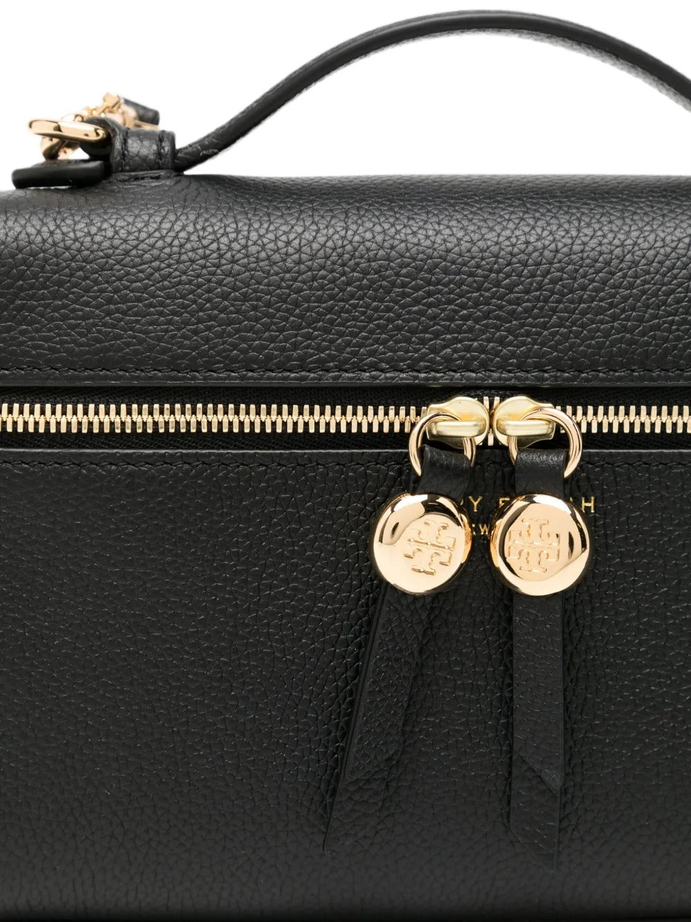 Close up of black bag, showing texture of the leather fabric